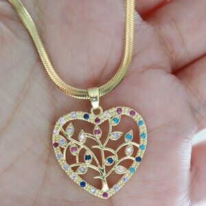 Tree of Life Heart Shape w/ Multicolor CZ Stones Pendant Necklace Stainless Stee